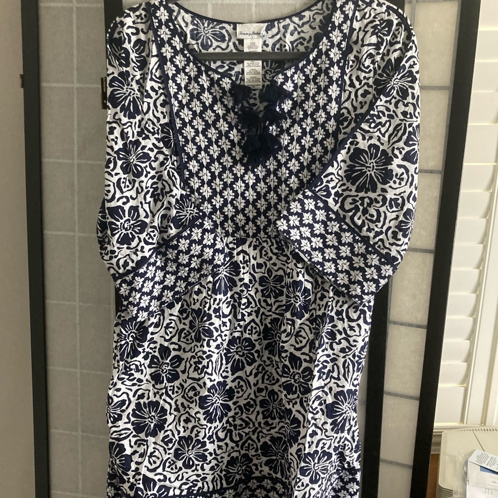 Tommy Bahama Navy and White Printed Midi Dress Cover-Up with Tassel Detail - Picture 2 of 3